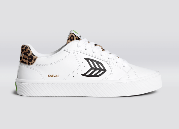 SALVAS White Leather Black Logo Leopard Print Sneaker Men