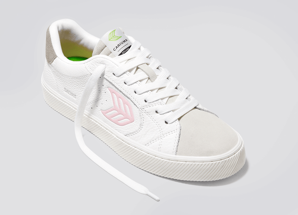 SALVAS White Premium Leather Vintage White Suede Rose Logo Sneaker Women
